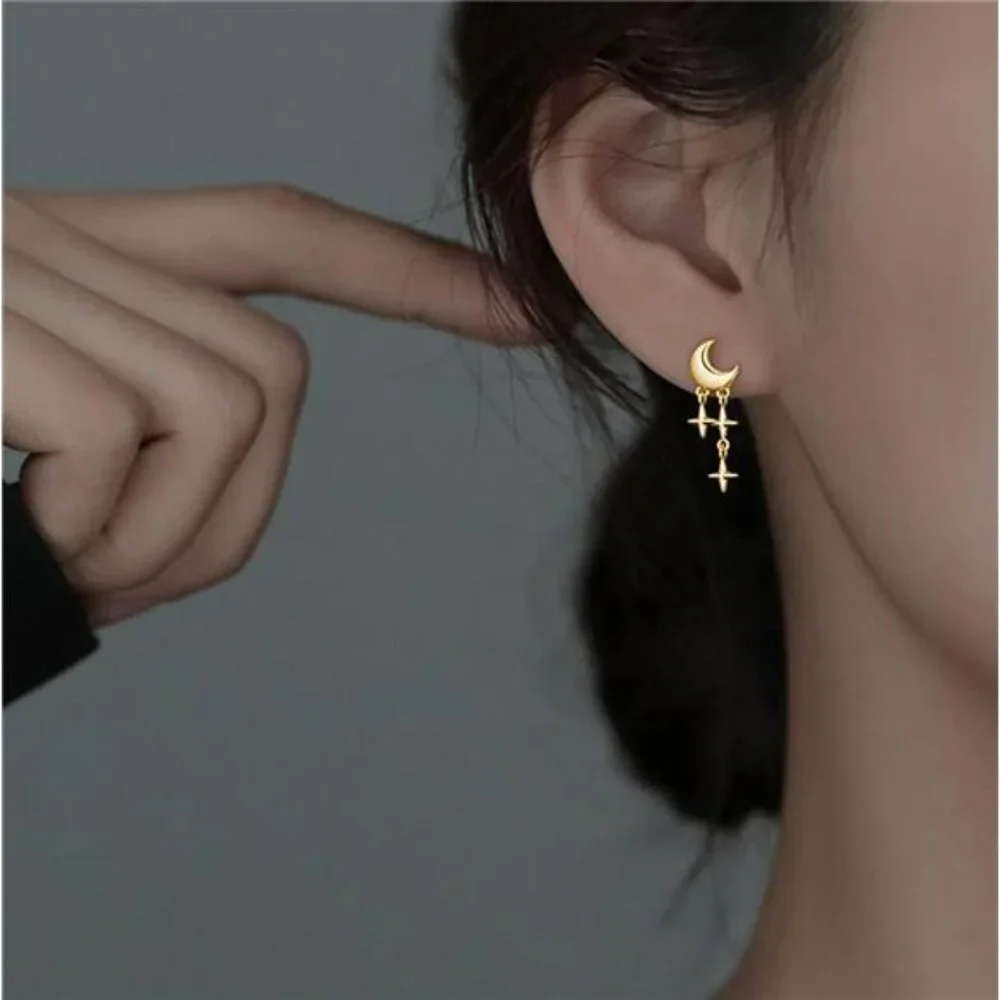 Star & Moon Stud Earrings – Rhodium/Gold Hypoallergenic - Picture 2 of 6